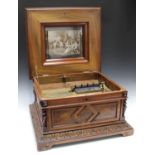 A late 19th century burr walnut cased table-top Polyphon, the hinged lid inlaid with flowers, the
