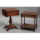 A Victorian mahogany drop-flap work table, fitted with two drawers, raised on a turned and reeded