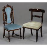 A late Victorian rosewood side chair with carved decoration, height 99cm, width 43cm, together