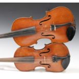 A violin with two-piece back, length of back excluding button 36cm, cased, together with a child's