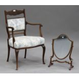 A late Victorian rosewood and brass inlaid bedroom chair, height 83cm, width 53cm, together with a