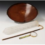 An Edwardian mahogany oval tea tray, length 56cm, a horn handled walking stick, a cloisonné