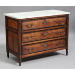 A Louis XVI walnut and ebonized commode chest, the white marble top above three long drawers flanked