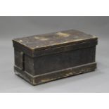 A Victorian black painted pine tool chest, the hinged lid above a plinth base, height 44cm, width