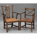 A George III mahogany pierced splat back elbow chair, the drop-in seat raised on block legs,