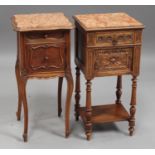 Two French walnut bedside cabinets, each inset with a marble top above a drawer and cupboard, height
