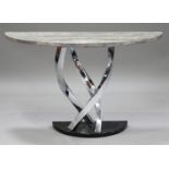 A modern console table, the demi-lune marble effect top raised on chromium plated spiral twisted