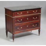 A 20th century French Louis XVI style mahogany commode chest, the grey marble top above three long