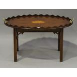 A late 20th century reproduction yew and shell inlaid tray-top occasional table with brass