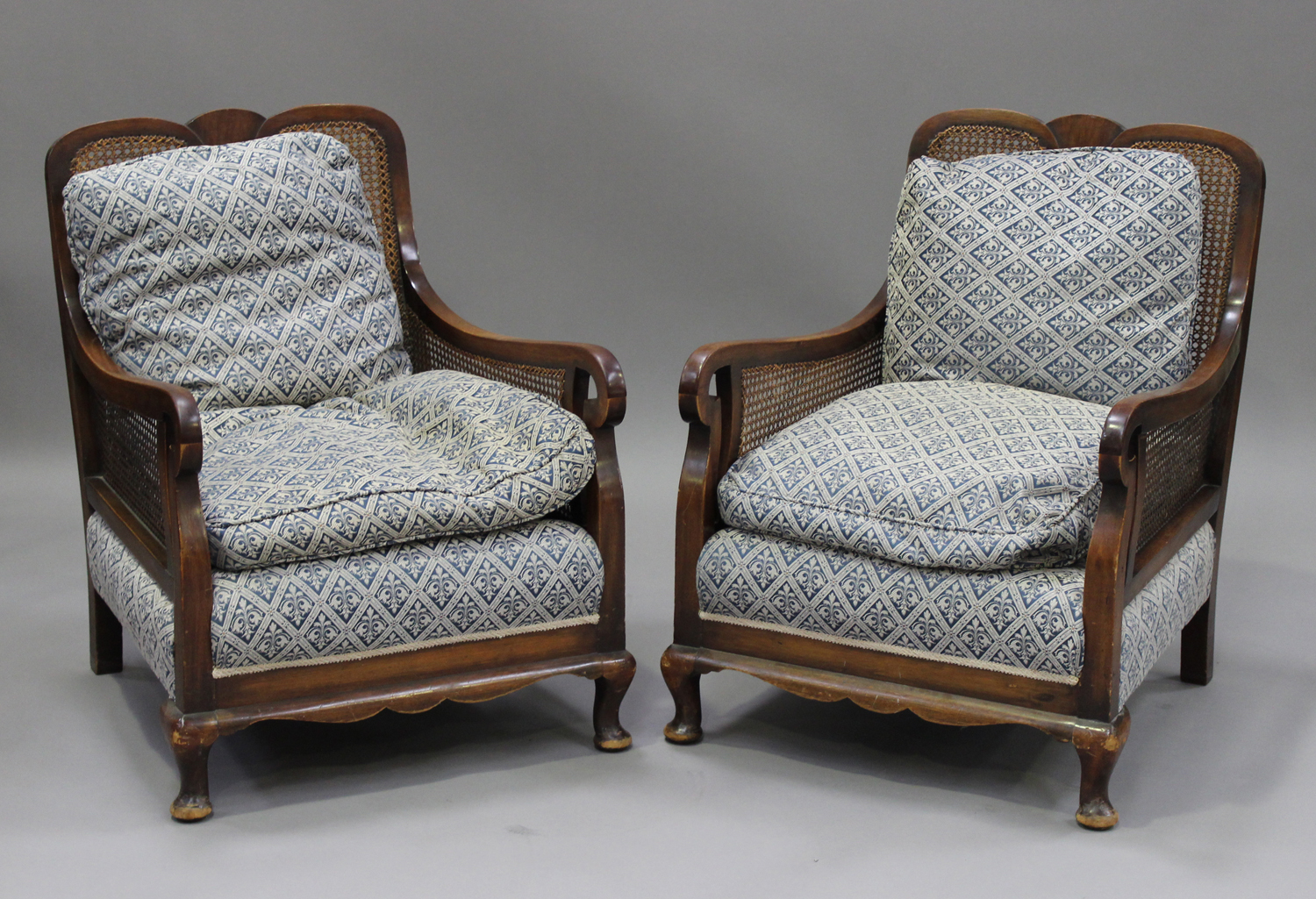 A George V mahogany framed three-piece bergère suite, with caned backs and arms and fitted with - Image 2 of 2