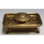 A 19th century French cast ormolu inkstand, marked 'F. Barbedienne Paris', the hinged lid