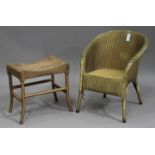 A 20th century Lloyd Loom gilt patinated bedroom chair, height 68cm, width 53cm, and a stool, height