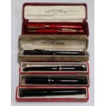 A group of five Mabie, Todd & Co Ltd fountain pens, including a Swan Leverless pen, cased, a Swan