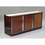 A mid/late 20th century hardwood sideboard with a marble top, fitted with eight drawers and a