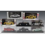 A collection of Minichamps 1:43 scale Mercedes cars and sports cars, including a No. 32601 600