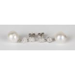 A pair of white gold, South Sea pearl and diamond pendant earrings, each South Sea pearl with a