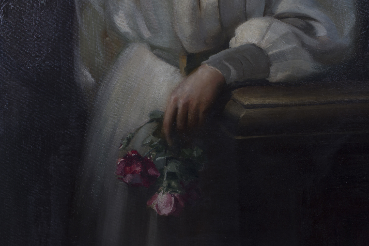 Edgar Lee - Full Length Portrait of a Young Lady wearing a White Dress beside a Column, oil on - Image 2 of 5