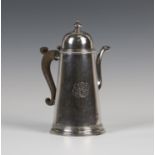 A George II silver chocolate pot of tapering cylindrical form, the domed hinged lid and knop