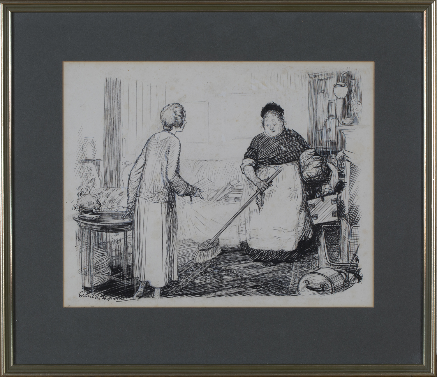 Ernest Howard Shepard - A Lady and a Housemaid in an Interior, 20th century pen and ink, signed,