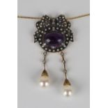 An amethyst, diamond, seed and cultured pearl pendant necklace, mounted with an oval cabochon
