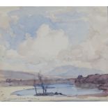 Samuel John Lamorna Birch - Landscape with Lake and Fisherman, watercolour, signed and dated 1943,