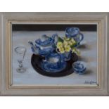 John Whitlock Codner - 'Blue and White China with Primroses', 20th century oil on board, signed