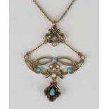 A gold, turquoise and half-pearl pearl pendant in a scrolling design, length 5.2cm, on a 9ct gold