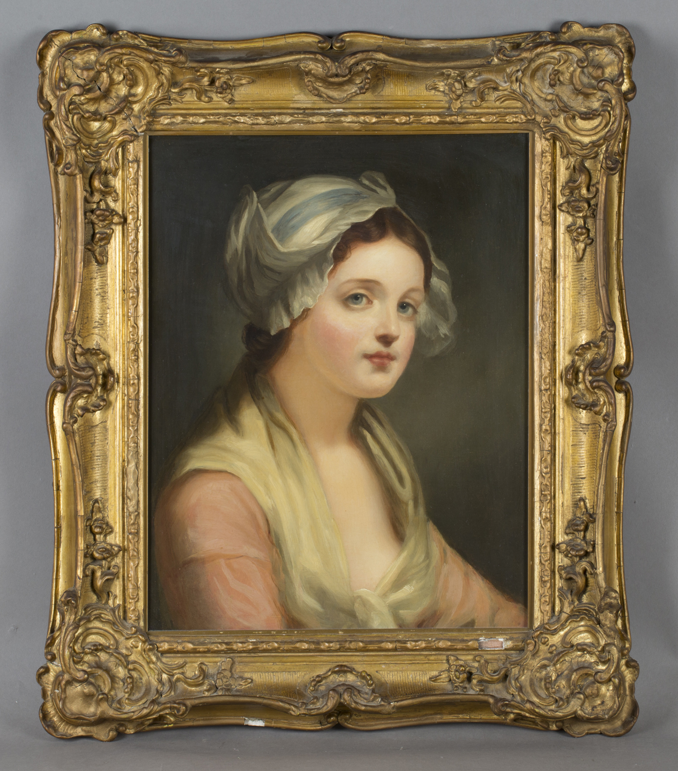 Follower of Jean-Baptiste Greuze - Half Length Portrait of a Girl wearing a Pink Dress and White
