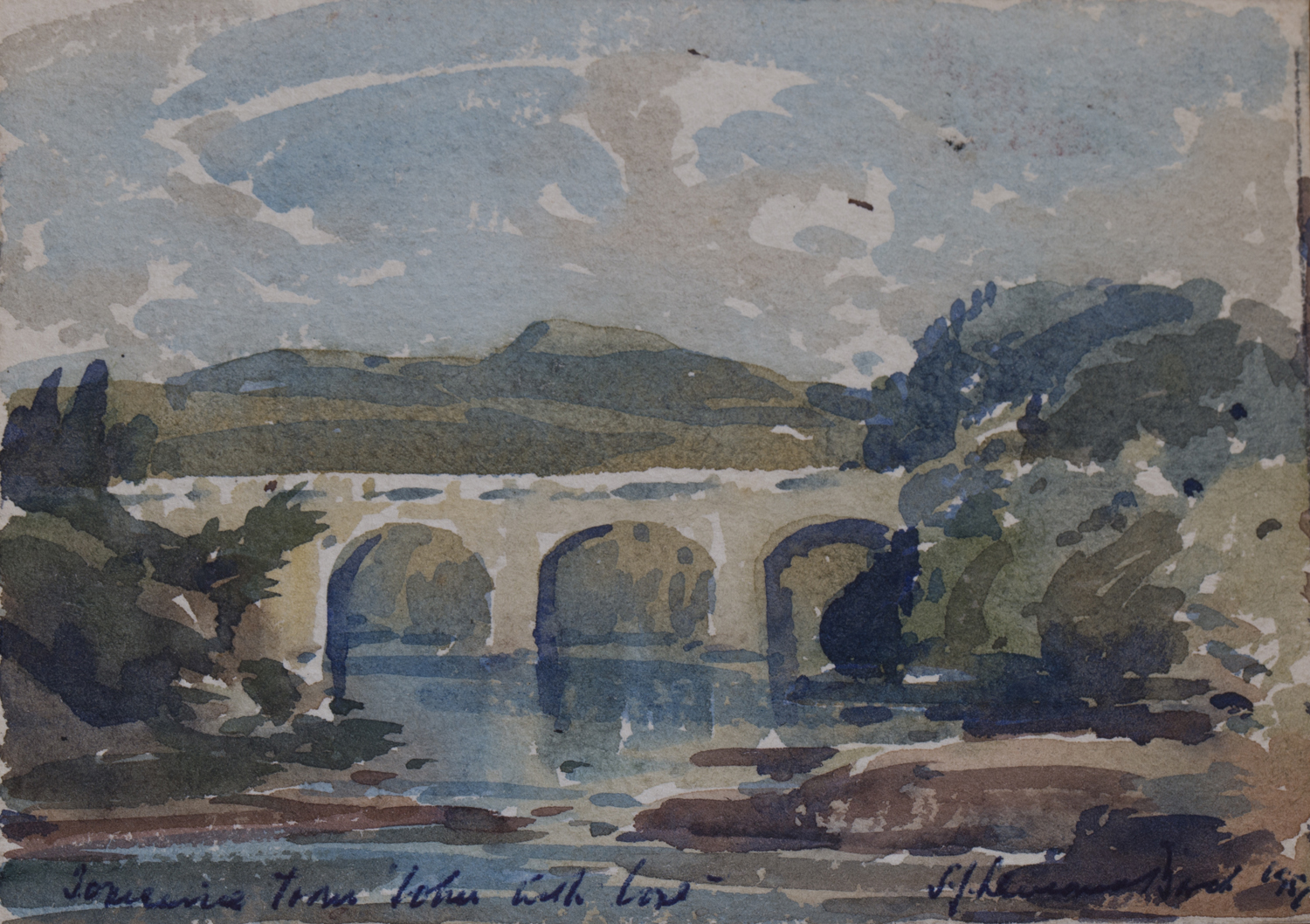 Samuel John Lamorna Birch - River Landscape with Bridge, watercolour, signed, inscribed and dated