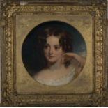Circle of Sir Thomas Lawrence - Tondo Half Length Portraits of Girls, a pair of 19th century oils on