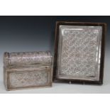 A late 19th century electrotype dome top stationery box and matching blotter, each decorated in