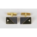A pair of gold and diamond set cufflinks, each with a rectangular two colour front, mounted with a