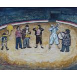 Alan Lowndes - 'Circus Scene', oil with gouache on board, signed and dated 1959 recto, titled