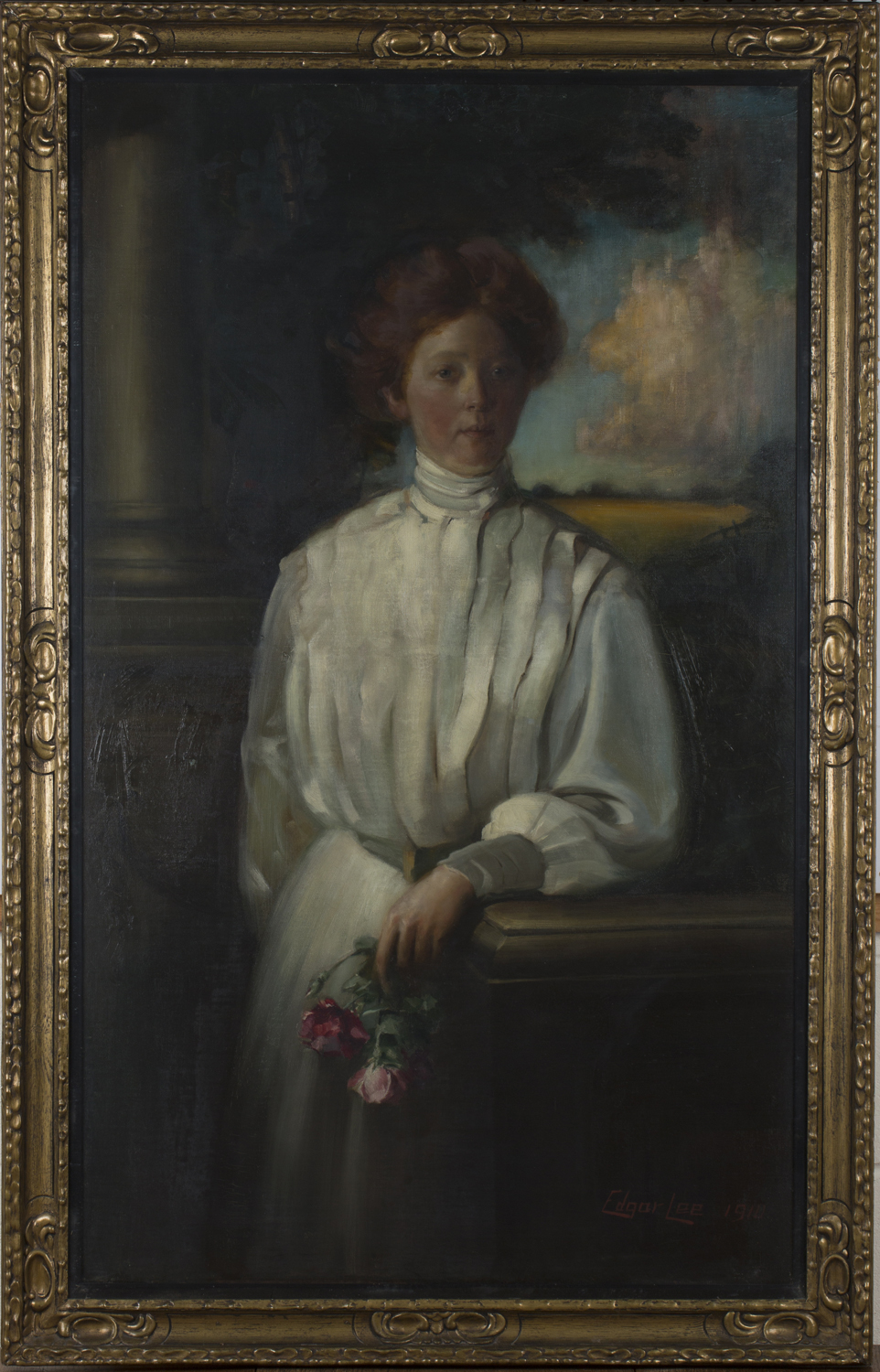 Edgar Lee - Full Length Portrait of a Young Lady wearing a White Dress beside a Column, oil on