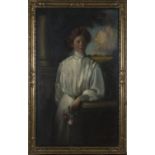 Edgar Lee - Full Length Portrait of a Young Lady wearing a White Dress beside a Column, oil on