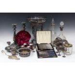 A group of mainly 19th century plated items, including a conch shell spoon warmer, a cased set of