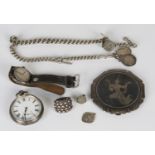 A silver graduated curblink gentleman's watch Albert chain, fitted with two silver fobs and four