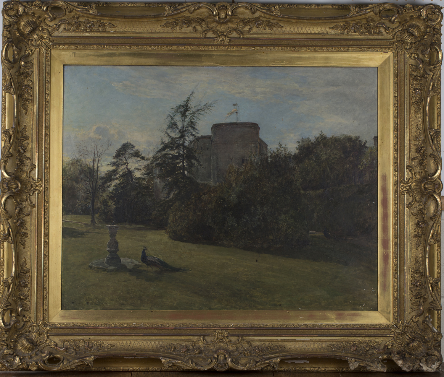 Heywood Hardy - Peacocks in a Garden, a Tower beyond, oil on canvas, signed and dated 1914, 70cm x