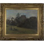 Heywood Hardy - Peacocks in a Garden, a Tower beyond, oil on canvas, signed and dated 1914, 70cm x