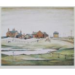 L.S. Lowry - Landscape with Farm Buildings, colour print, published by Venture Prints circa 1974,