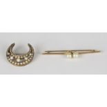A gold and seed pearl set brooch, circa 1900, designed as a crescent, length 2.8cm, and a gold bar