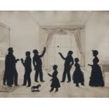 Augustin Edouart - A Family Group in an Interior, cut-paper and watercolour silhouette, signed and