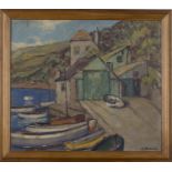 Ethel Louise Rawlins - Boats, Boathouse and Quay, 20th century oil on board, signed, 34.5cm x 39.