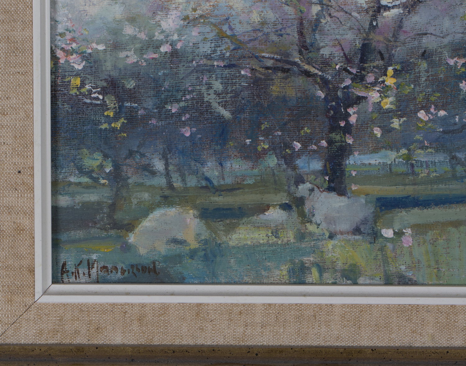 Arthur Karl Maderson - 'Apple Blossom & Sheep', oil on canvas-board, signed recto, titled artist's - Image 5 of 5