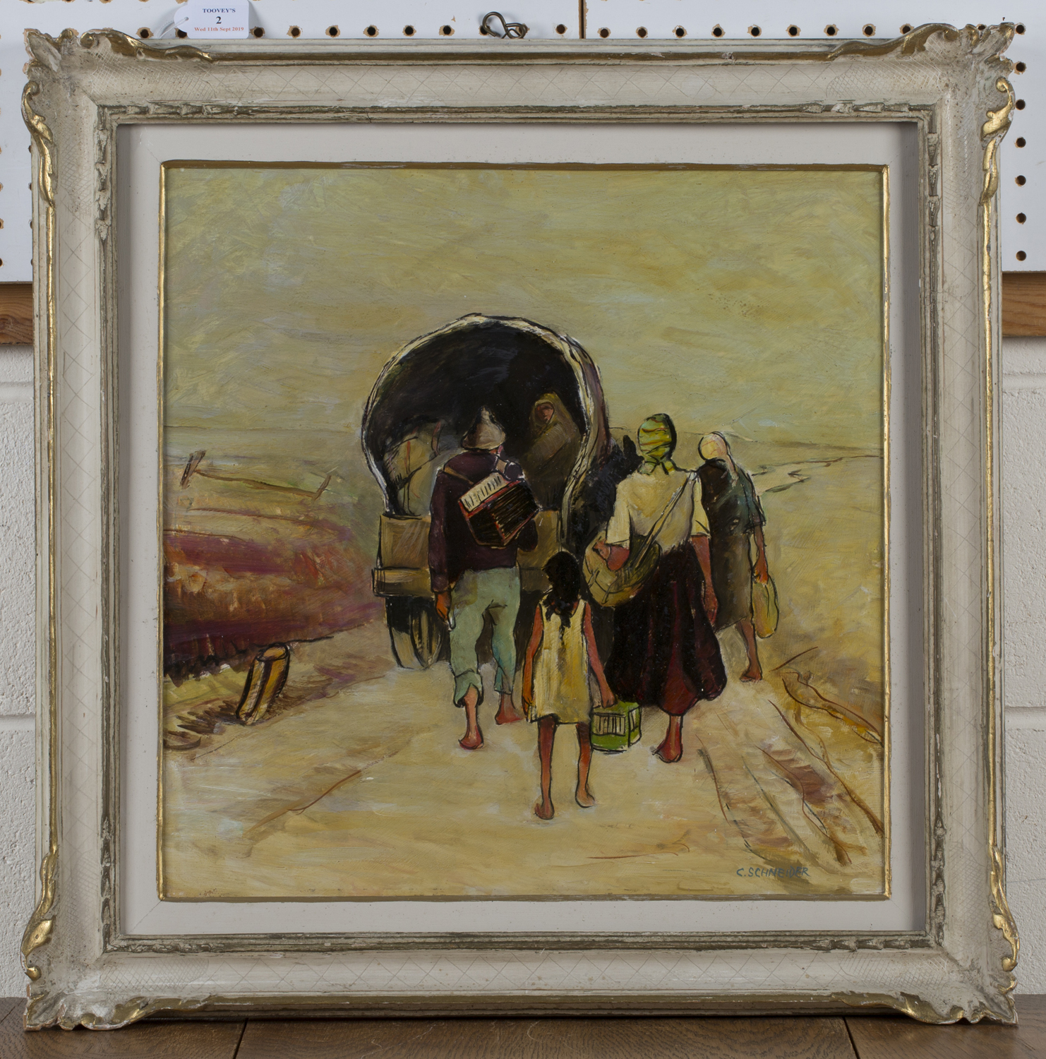 Charles Schneider - 'Zingari' (Caravan and Figures on a Country Road), oil on board, signed recto, - Image 2 of 5