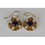 A pair of 9ct gold, amethyst and cultured pearl pendant earrings, each in a circular pierced