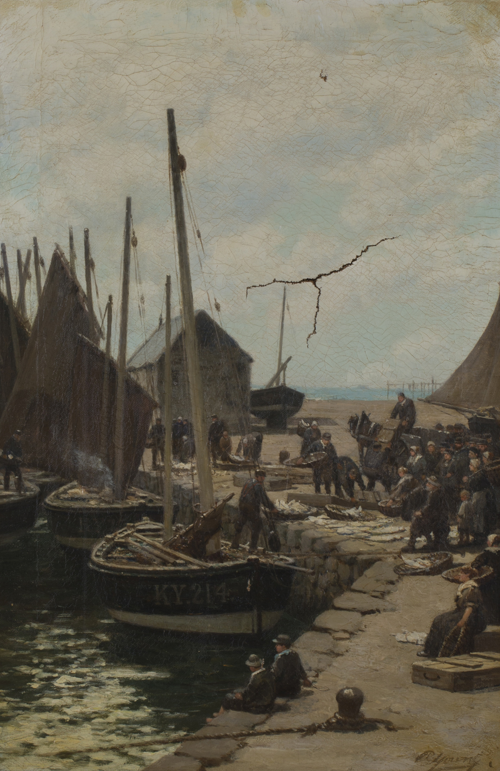 Alexander Young - Kirkcaldy Harbour with Fishing Boats and Figures on a Quayside, 19th century oil