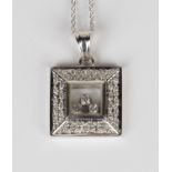 An 18ct white gold and diamond square pendant, mounted with two rows of circular cut diamonds