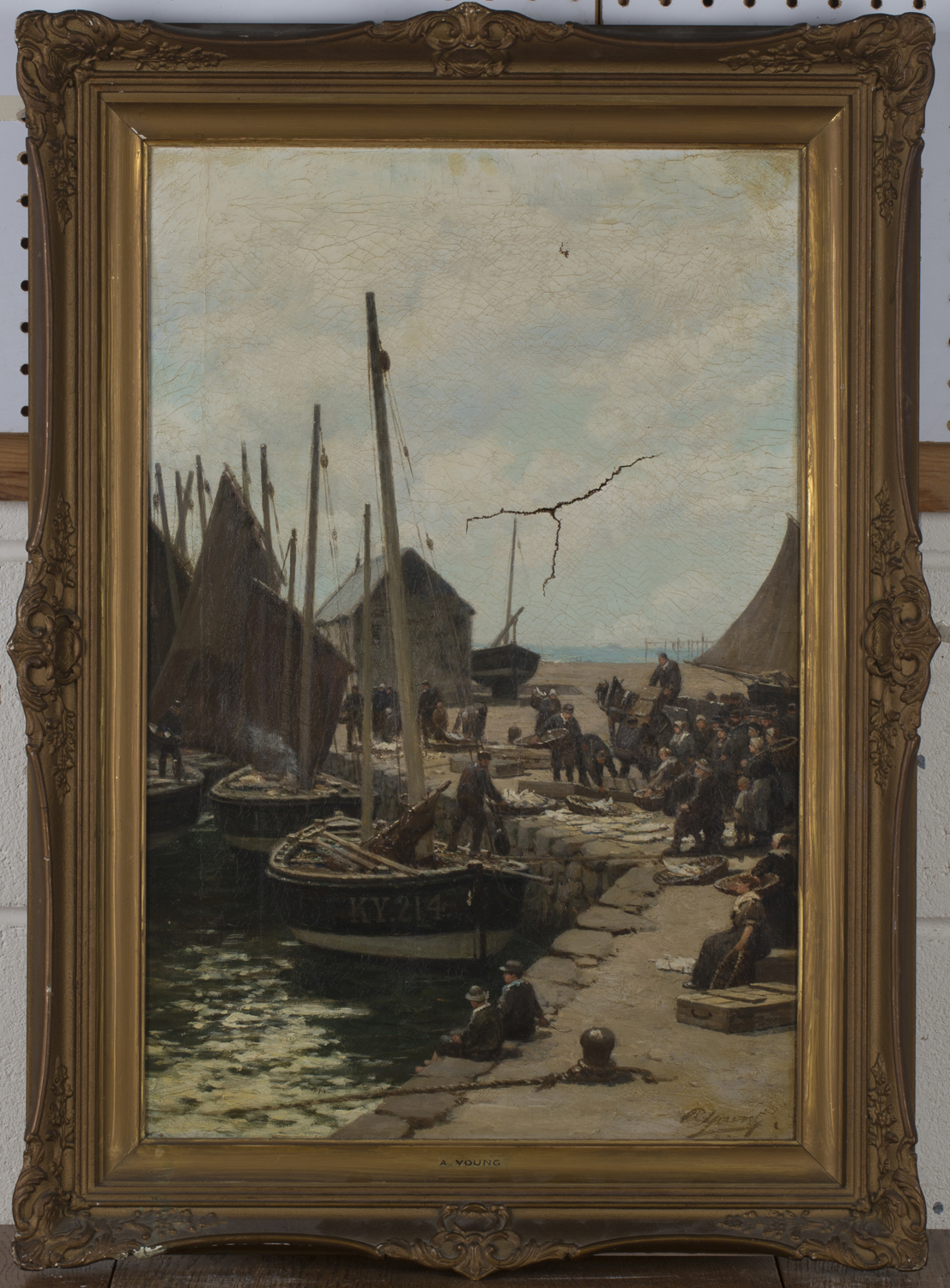 Alexander Young - Kirkcaldy Harbour with Fishing Boats and Figures on a Quayside, 19th century oil - Image 2 of 6