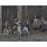 Charles Olivier de Penne - Hunting Hounds in a Barn, 19th century watercolour, signed, 19.5cm x